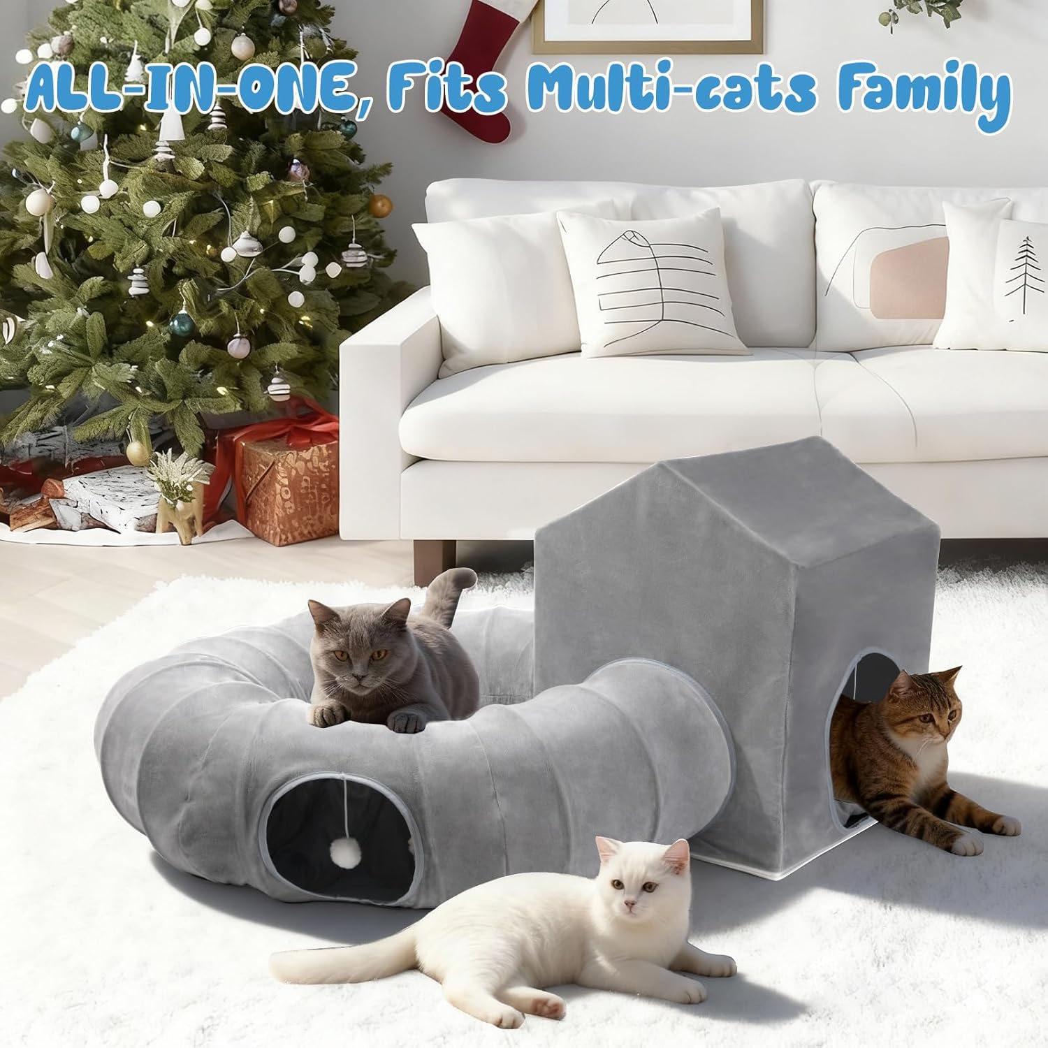 Pawaboo Cat Tunnel Bed, Cat Donut Tube with Square House, Soft Plush Cats Cave Tunnels with Washable Cushions, Foldable Kitten Bed Hideout with Fluffy Balls for Indoor Cats Rabbit Ferret, Dark Gray