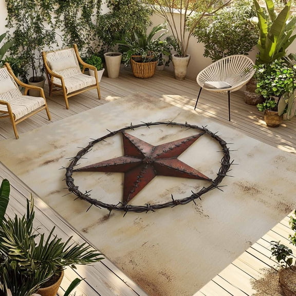 Fsddascl Texas Star Outdoor Rug for Patio/Deck/Porch, Non-Slip Large Area Rug 4 x 6 Ft, Country Brown Beige Vintage Stars Indoor Outdoor Rugs Washable Area Rugs, Reversible Camping Rug Carpet Runner