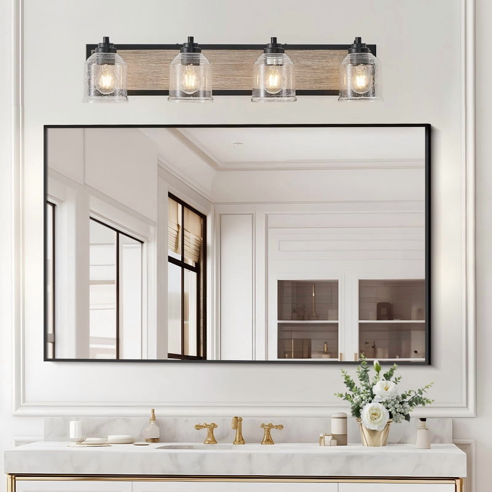 32" Farmhouse Vanity Light, 4-Light Bathroom Wall Sconce with Seeded Glass Shades, Black Wood Grain Finish, Modern Industrial Style (No Bulbs)