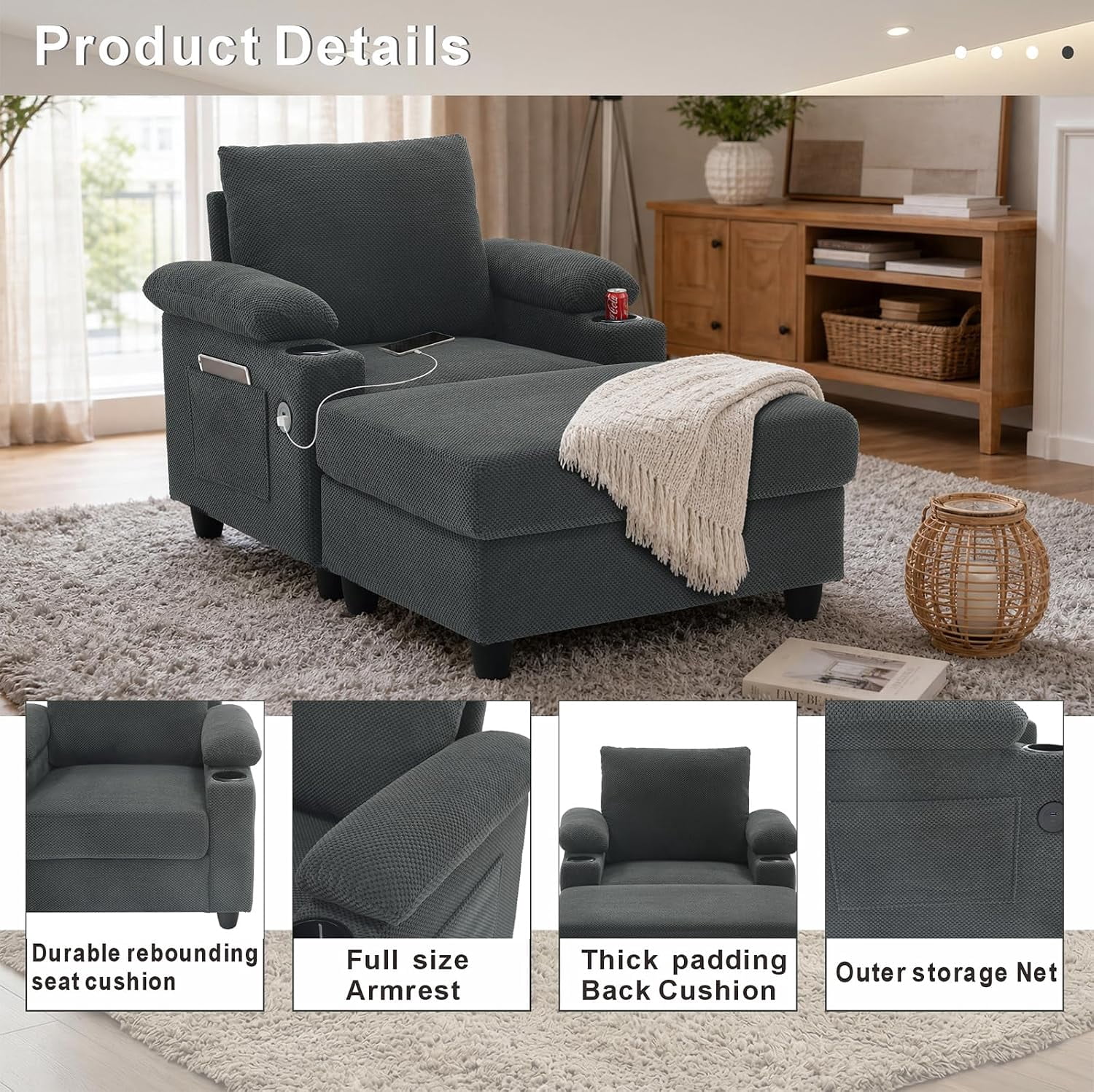 MOONMISS Chaise Lounge Chair Indoor, Convertible Recliner Reading Sofa Chair, Coffee | Cup Holders, USB Port, Adjustable Backrest, Storage Ottoman for Living Room,Home Theater & Bedroom,Dark Gray