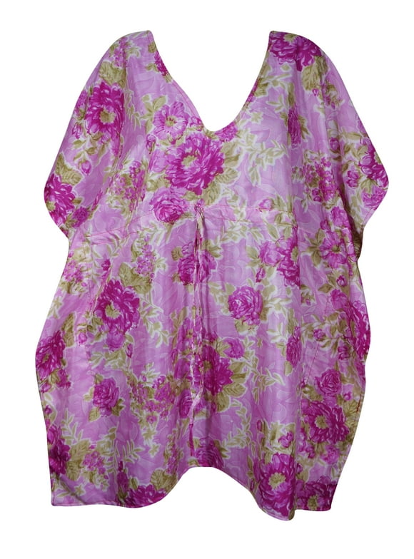 Mogul Women Pink Floral Print Short kaftan M-XL