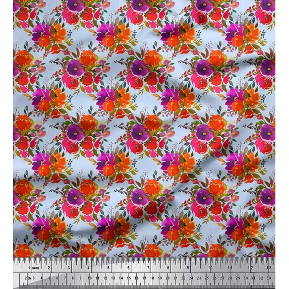 Soimoi Blue polyester Crepe Fabric Peony & Anemone Floral Print Fabric by the Yard 52 Inch Wide