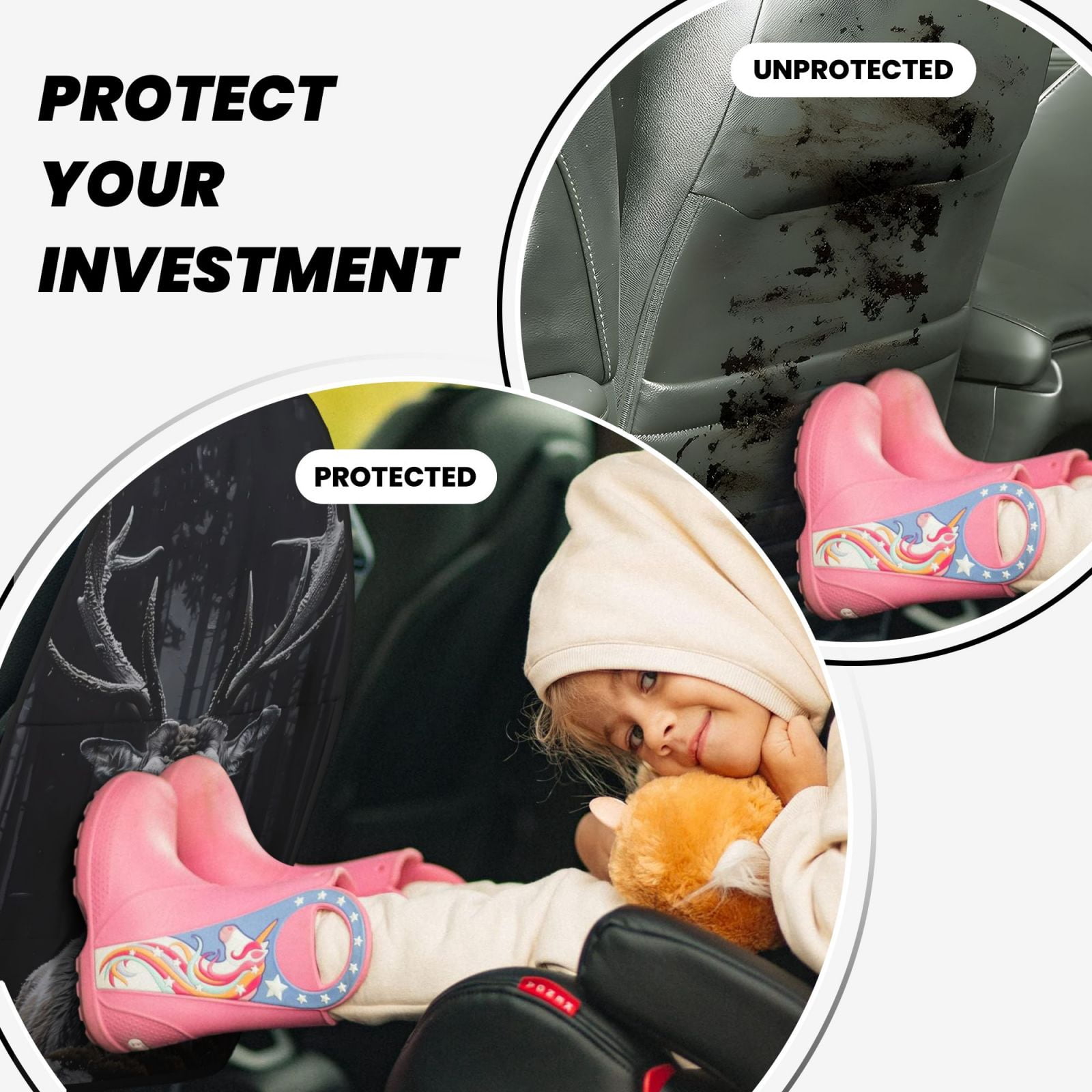 Xecao Majestic Forest Stag Pattern Car Seat Back Protector 2 Pack Large Capacity Pocket, Kick Mats Back Seat Protector