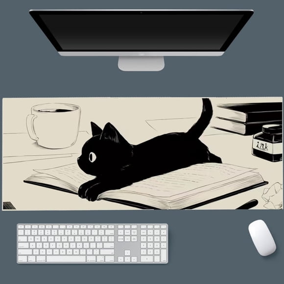 Gaming Mouse Pad XL Extended Anime Mouse Pad 31.5x11.8inch, Large Cute Kawaii Big Computer Mouse Mat Desk Pad Home Office-Black Reading Cat