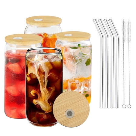 ALLJOY Glass Cups with Lids and Straws, Glasses Iced Coffee Cups, Glasses Tumbler Smoothie Cups, 16 oz Drinking Glasses Cup 4pcs Set