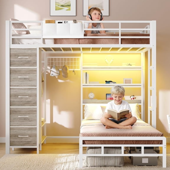 Twin Over Twin L-Shaped Metal Bunk Bed with 5 Storage Drawers and Hall Tree & Charging Station & LED Lights, Space-Saving Bunk Beds with Shelves, Guardrail & Ladder White Gray