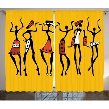 Ambesonne Africa Curtains 2 Panel Set, Sketchy Graphical Dancer, 108" x 90", Mustard and Orange