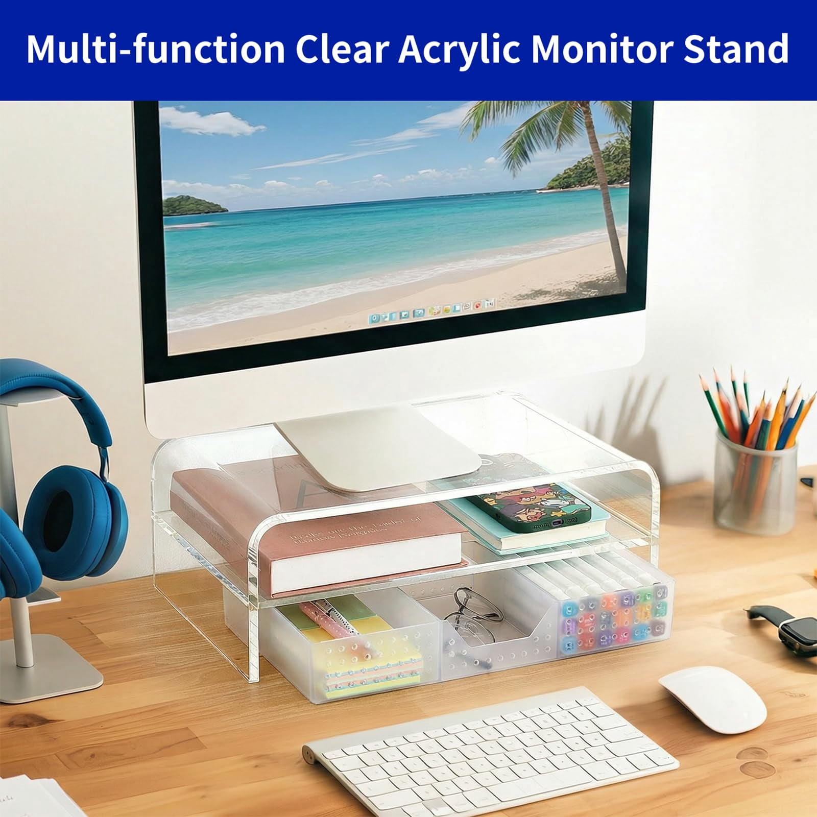 Clear Desk Organizers And Accessories  2-tier Computer Monitor Stand Riser With Drawer Laptop Office For Supplies Transparent