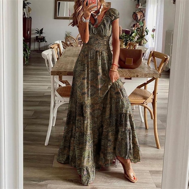 Kcavykas Robes pour Femmes, Cadeaux de Fête des Mères, Mode Grande Taille Robe Décontractée à Manches Courtes Imprimée Florale Col en V