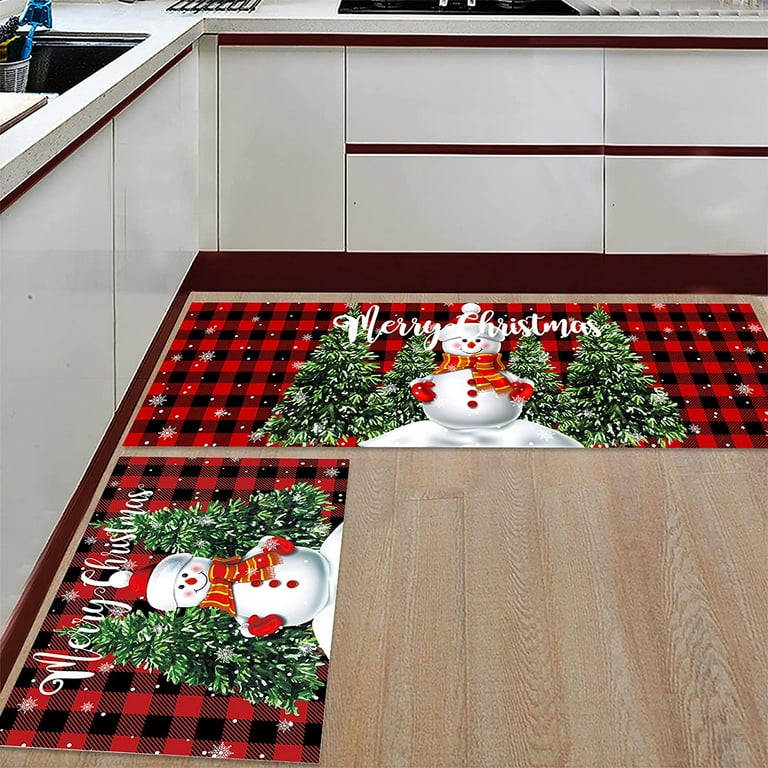 Snowman Kitchen Rugs - Set of 2 Kitchen Mats Merry Christmas Non