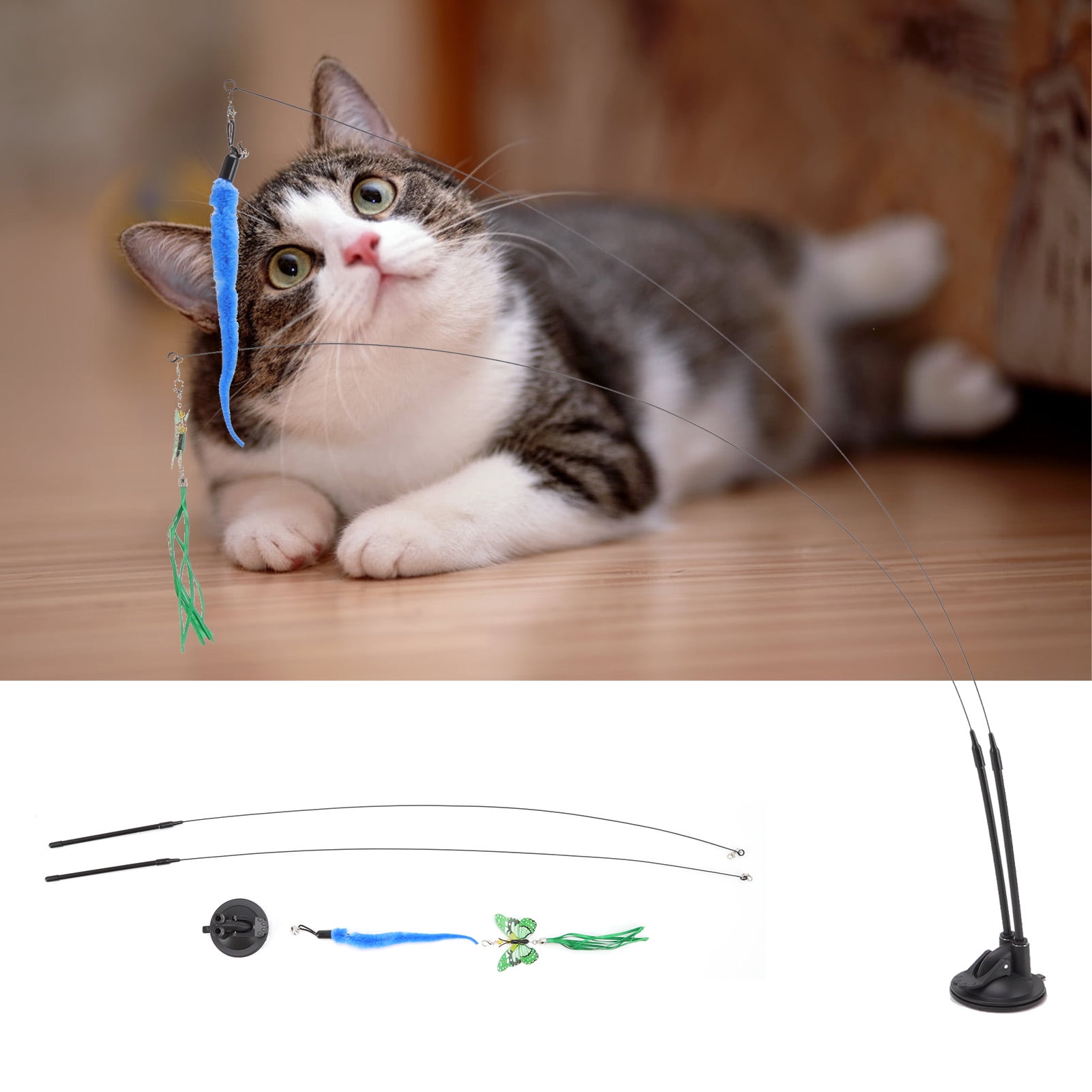 Cat Teaser Stick Toy, Double End Boredom Relief Bendable Suction Cat Feather Wand Toy Removable Steel Wire  For Indoor Green Scalewing And Blue