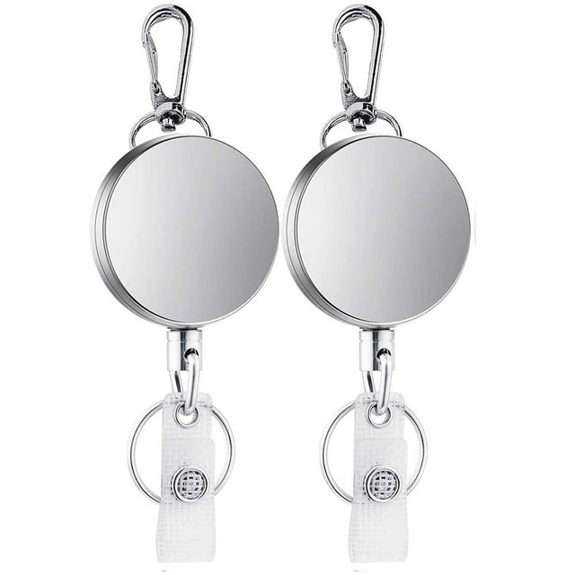 2Pcs Retractable Pull Key Ring ID Badge Lanyard Name Tag Card Holder Reel Belt Clip,2 * Retractable Badge Holder,Silver