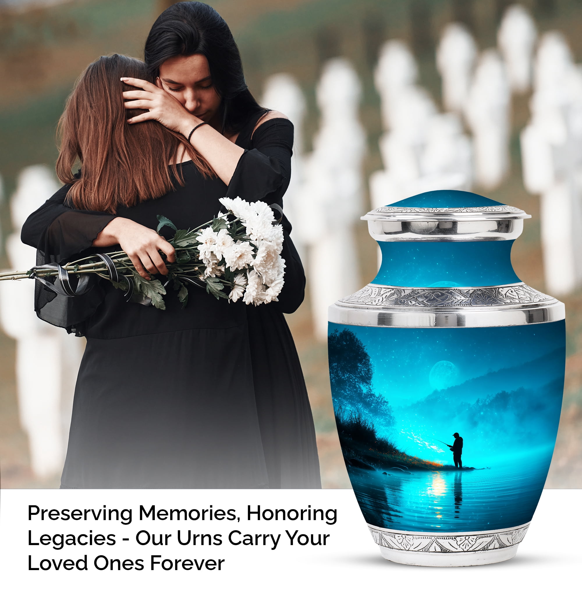 MUKTIVE Fishing Silhouette Large Cremation Urns for Human Ashes - Blue, Evening Burial Urn for Adult Human Ashes - Decorative Cremation Containers - Remembrance Gift for Loss of Mom (10 Inch)