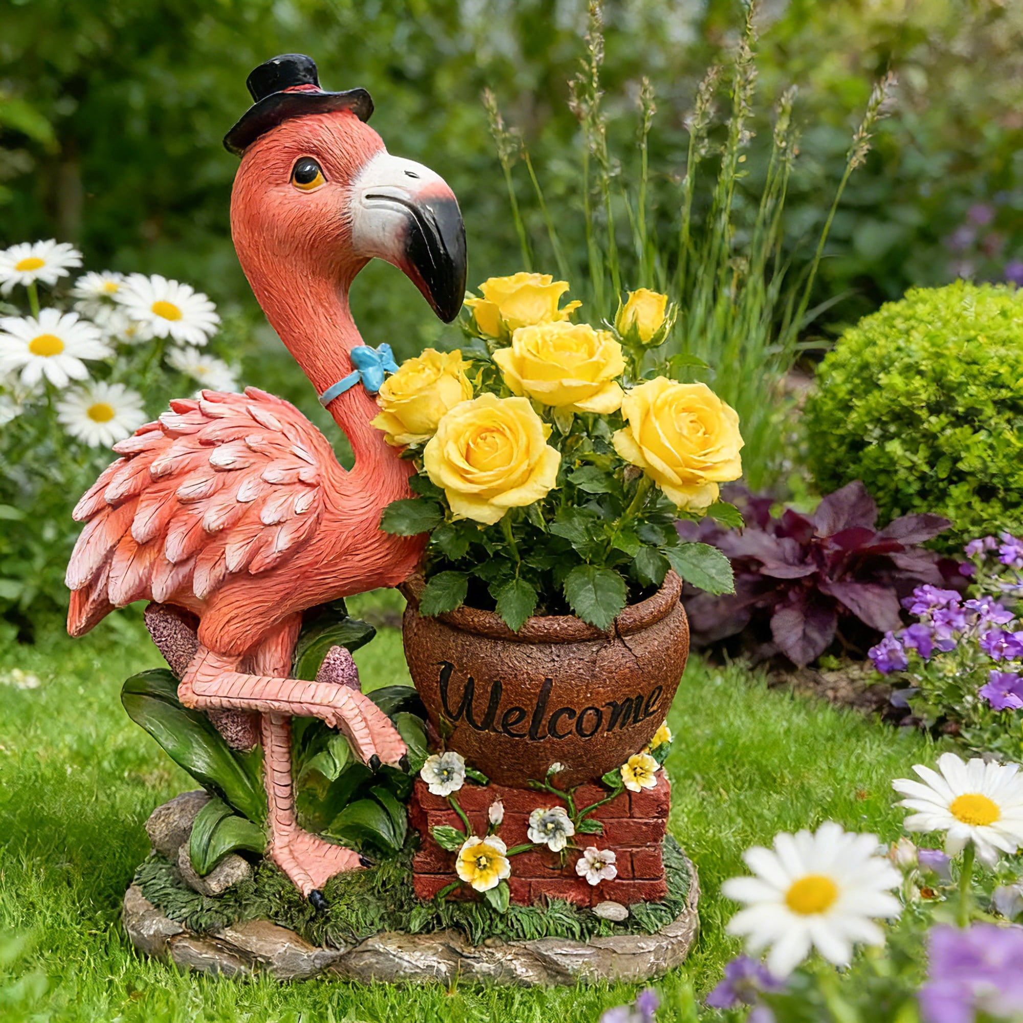 Aukfa 26.8" Solar Flamingo Garden Statue with Planter Pot, Pink Resin Outdoor Flamingo Planter with LED Lights, Welcome Yard Decoration for Patio, Lawn, Porch, Garden Gift