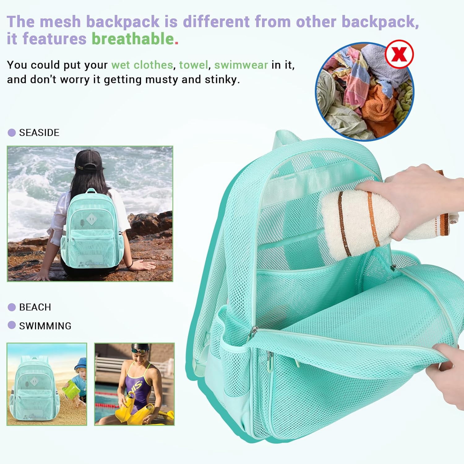 DAKIMOE Mesh Backpack School Backpack Bookbag Heavy Duty See Through Transparent Backpack Stadium Approved Large Capacity with Multiple Compartments Pockets for School Beach Swimming Sports Work