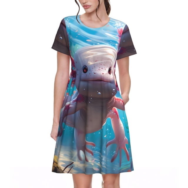 Balery Cute Underwater Axolotl Vestidos sueltos de manga corta para mujer, vestidos de verano 2025, vestidos casuales de corte A con vuelo.