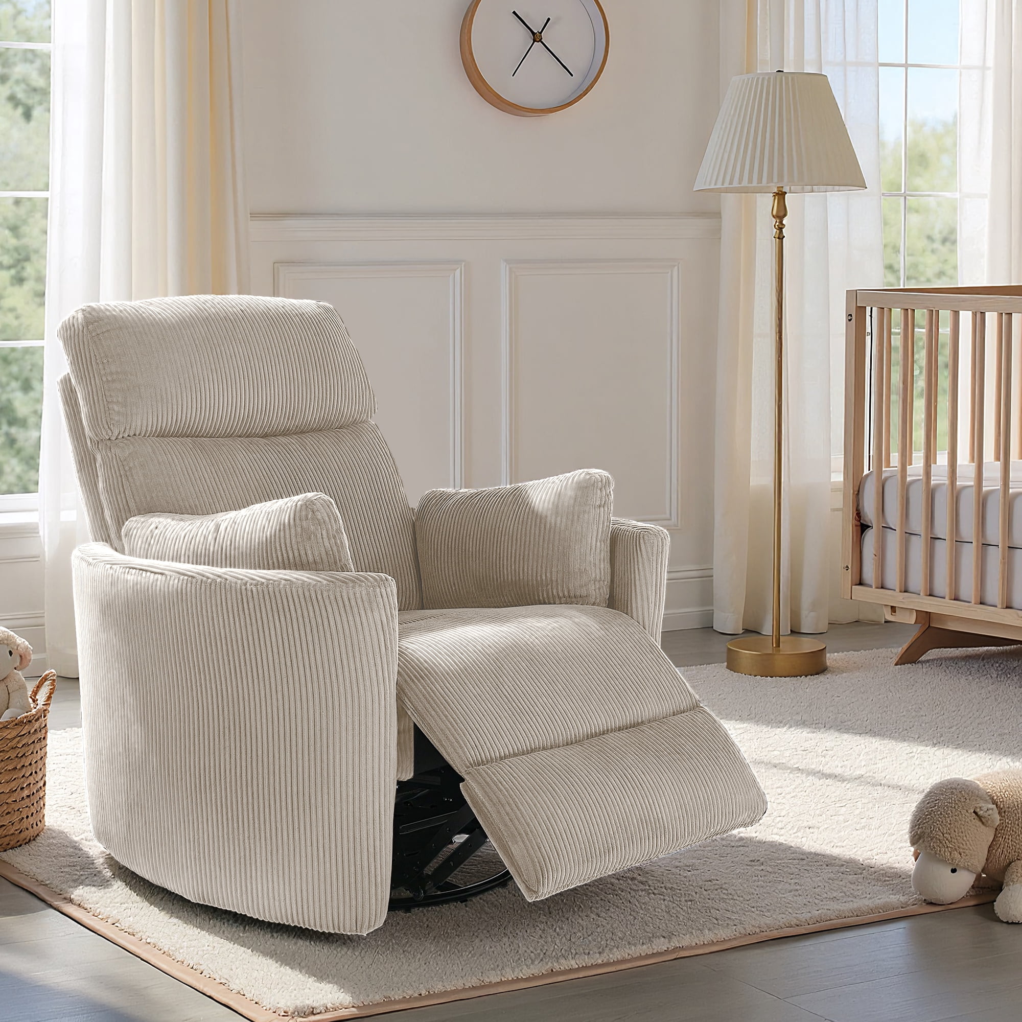 36.72'' Wide Swivel Rocker Glider Recliner with Adjustable Pillows and USB, Beige Corduroy Nursery Chair