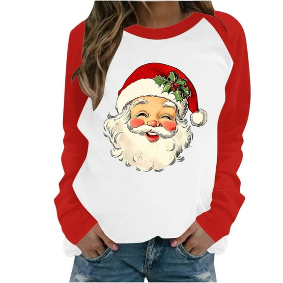 asdoklhq Christmas Womens Long Sleeve Tops Women's Casual Christmas Printed Long-sleeved Round-neck Raglan Sweater Red 5X