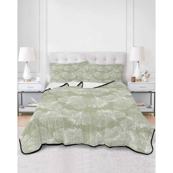 Quilts King Size, Sage Green Leaves Soft Comforter Bedding Set for Bed, Vintage Abstract Art Botanical Lightweight Quilted Bedspread with Pillow Cover(2 Pieces) for All Season, 96x106 Inch
