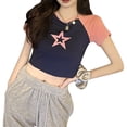 thumbnail image 1 of Txlixc Blusa de cultivo silvestre femenina en forma de estrella contraste color / Diamante de agua cuello redondo camiseta de manga corta calle Txlixc  moda, 1 of 9