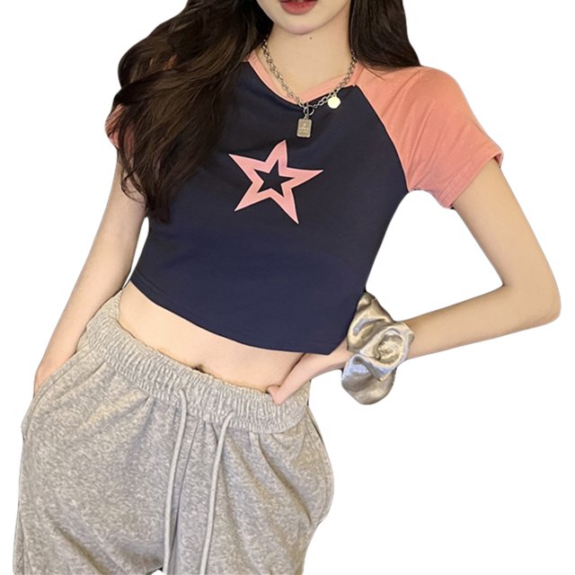 Txlixc Blusa de cultivo silvestre femenina en forma de estrella contraste color / Diamante de agua cuello redondo camiseta de manga corta calle Txlixc moda