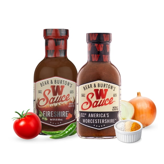 Bear and Burton's W Sauce Fireshire, Two Pack Fireshire and Original W Sauce | Distinctive Spicy Worcestershire Sauce Blend | Perfect for Steaks, Dressings & Marinades | 12 Oz