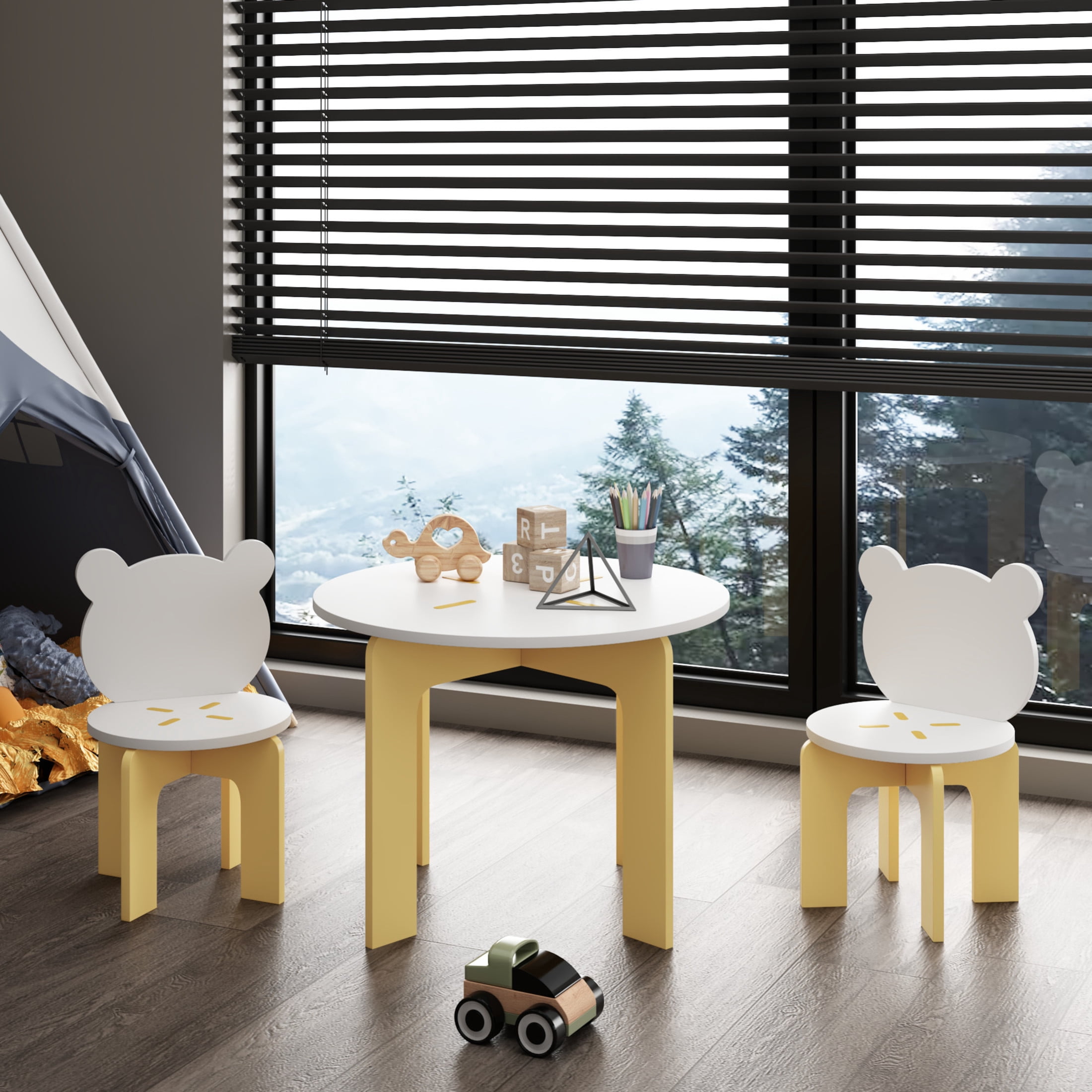 Noble House Kids Table and 2 Bear Chairs Set, 3-Piece Wooden Toddler Activity Table with Chairs, White and Yellow