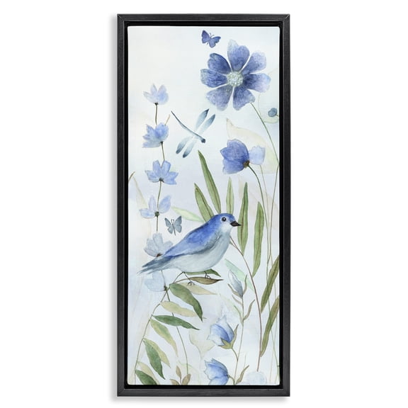 Stupell Industries Scandinavian Cottage Botanicals & Blue Bird Black Floating Frame Canvas Art, 11 x 25, by Janet Tava