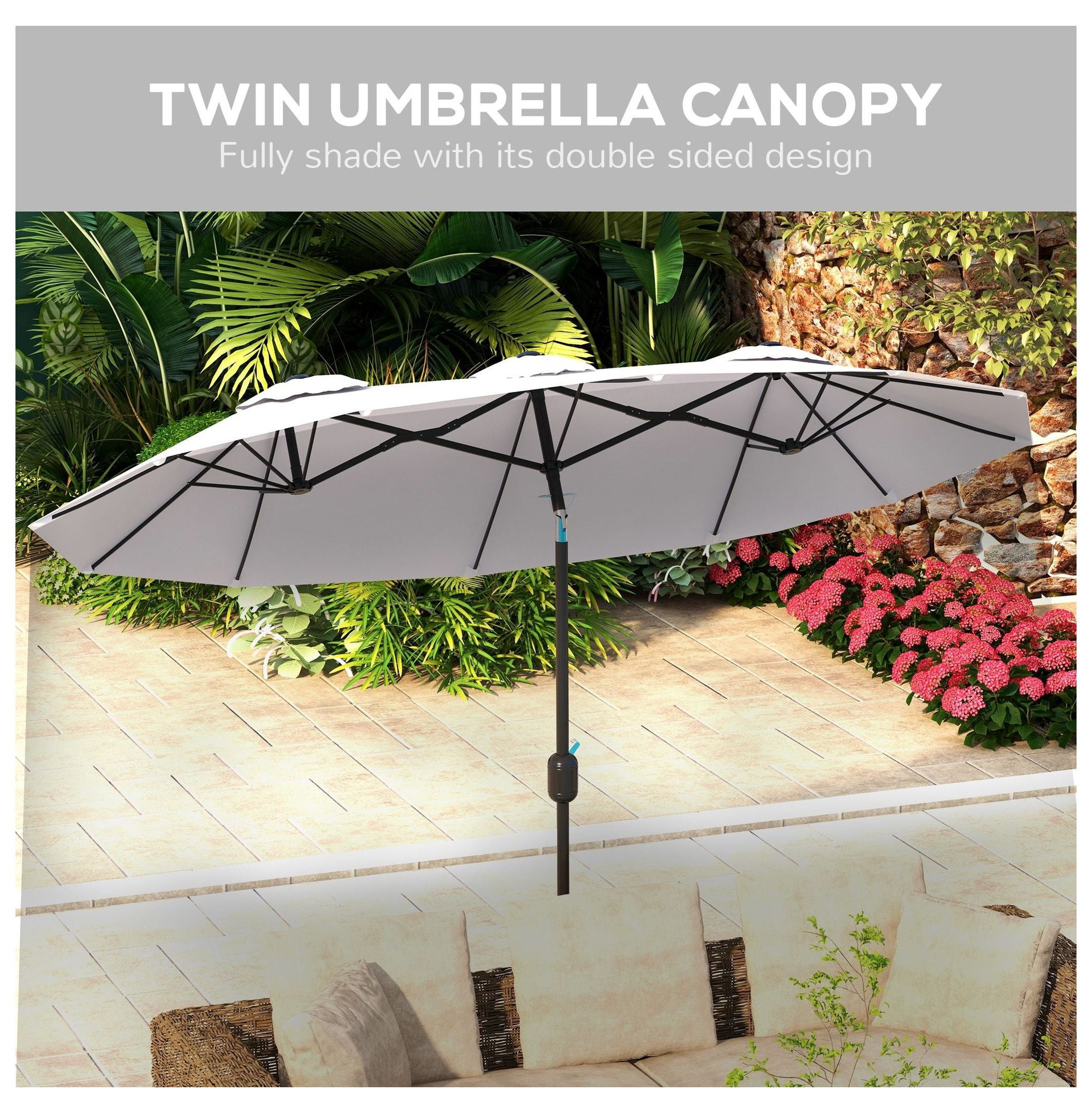 9.5' Patio Umbrella, Double-Sided Outdoor Market Umbrella with Tilt & Crank, 12 Ribs for Garden, Deck, Pool - White/Black