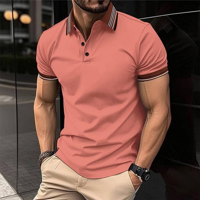 Mens Fallow Button Turn-down Collar Top Short-Sleeved Stripe Sports Top Shirt