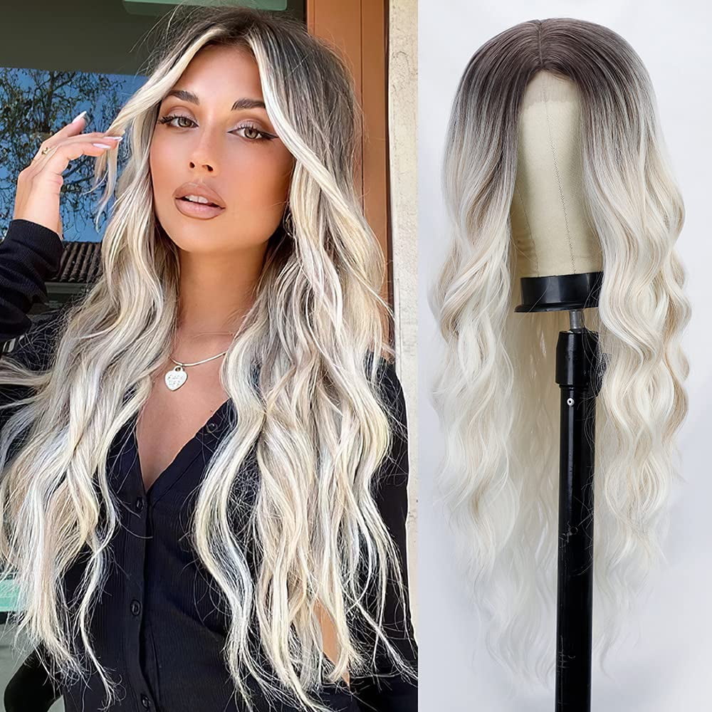 Long Wavy Wig for Women Ombre Wigs Middle Part Curly Synthetic Hair Natural  Looking Dark Roots Heat Resistant Fiber For Daily Party Use 