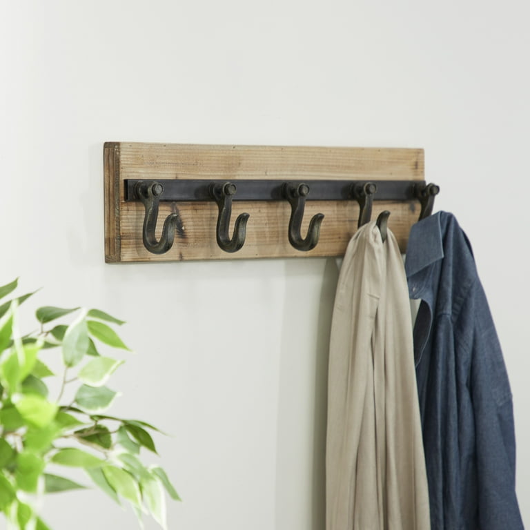 DecMode Wood Industrial Wall Black Brown Hook Rack 24 W x 6 H with Wooden Panel Board