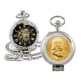 thumbnail image 1 of Coin Pocket Watch with Skeleton Quartz Movement | Gold Layered Silver Franklin Half Dollar | Genuine U.S. Coin | Sweeping Second Hand, Roman Numerals | Silvertone Case | Certificate of Authenticity, 1 of 2