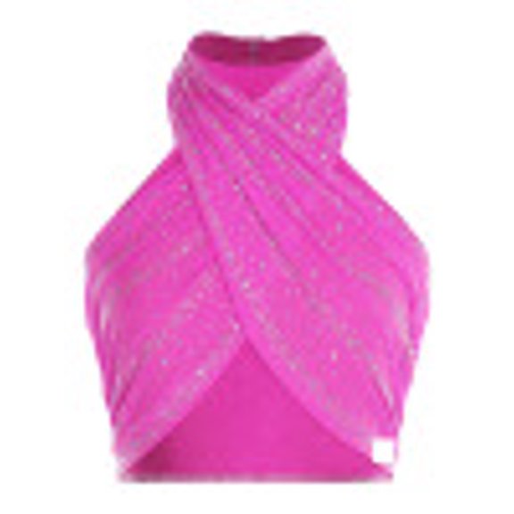 inlzdz Women's Sequin Sparkly Halter Tops Latin Modern Dance Tank Crop Top Camisole Ballroom Dancewear Hot Pink XL