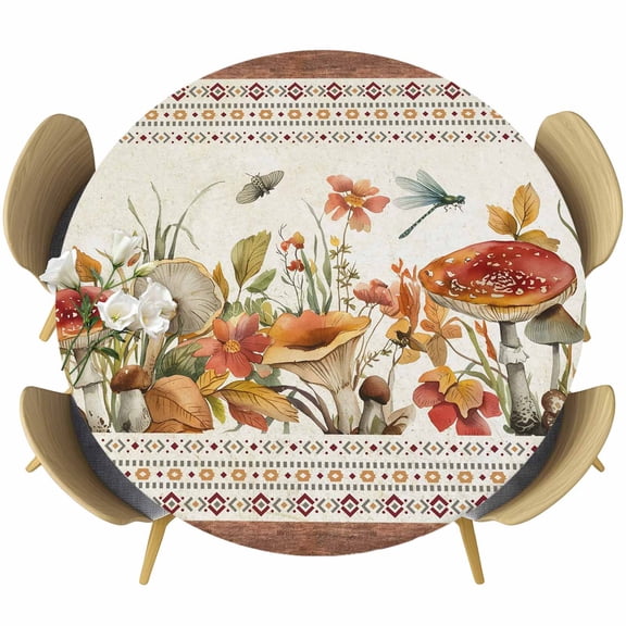 Botanical Mushrooms Round Tablecloth 45-54 Inch Round Fitted Table Cloth with Elastic Edge, Retro Fall Wild Flowers Farmhouse Waterproof Table Cover Protector for Outdoor Picnic Party Dining