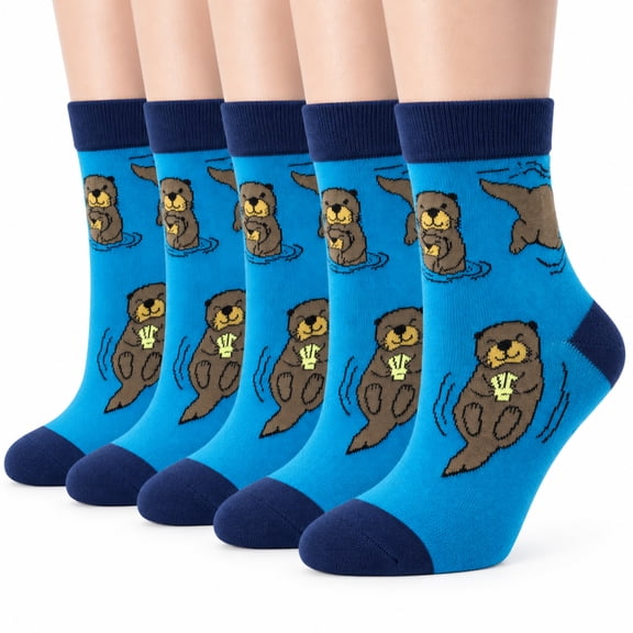Novelty Animal Socks Cute Otter Print Crew Socks, 5Pairs - Soft Stretchy Fabric, Breathable Knit, Size 10-13