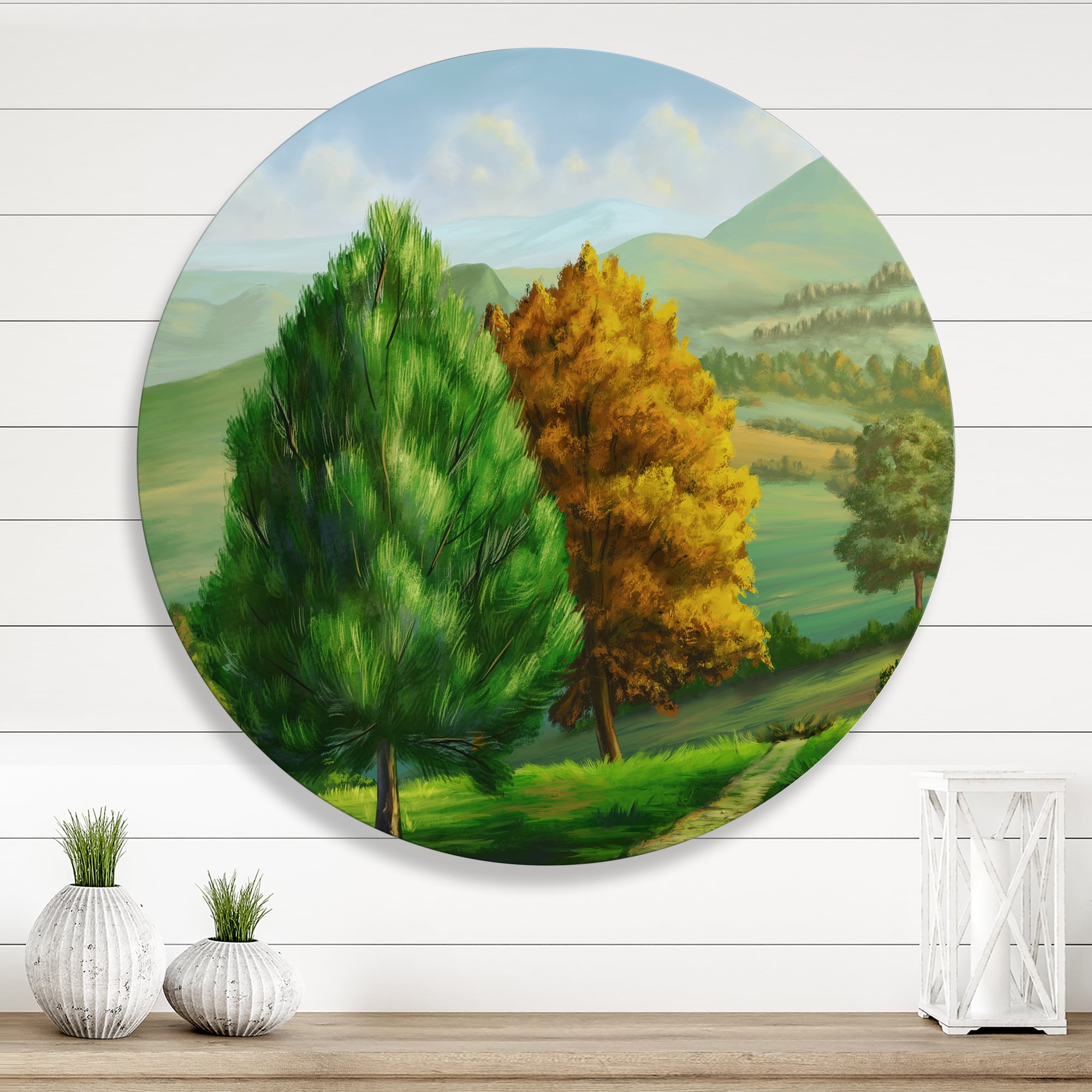 Designart 'VIbrant Trees With Country Scenery' Traditional Circle Metal Wall Art 23x23 - Disc of 23