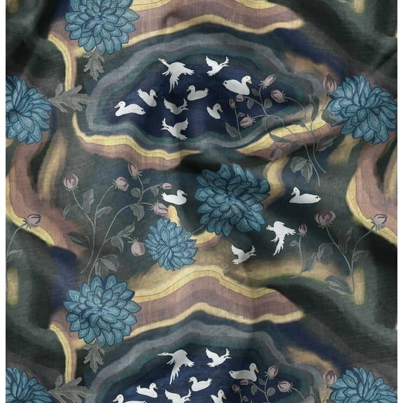Soimoi Pure Silk Blue Fabric By the Yard - 42 Inch Wide - Duck Birds Fabric - Botanical Beauty Elegance Printed Fabric
