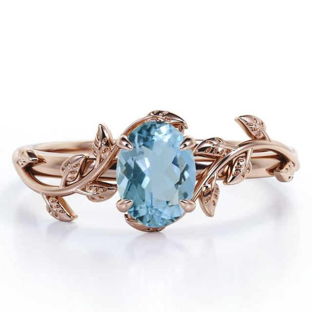 JeenMata Inspirado en la Naturaleza: Aguamarina de 1,3 Quilates con Forma Ovalada, Anillo de Compromiso con Engaste de Cuatro Puntas, Baño de Oro Rosa de 18 K sobre Plata