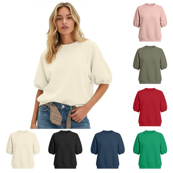 Womens Oversized Half Sleeve Sweatshirt Crewneck Puff Sleeve Top Basic Solid Loose Fit (White,L)
