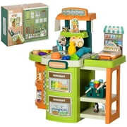 Homiyad 58Pcs Grocery Store Pretend Play Kids Trolley with Cash Register Stand, Foldable Play Store for Kids with Scanner, Play Food Vegetable, Extra Storage for Boys and Girls Ages 3-6 Years Old