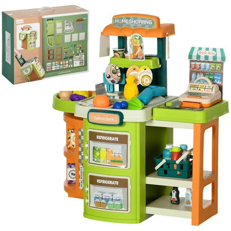 Homiyad 58Pcs Grocery Store Pretend Play Kids Trolley with Cash Register Stand, Foldable Play Store for Kids with Scanner, Play Food Vegetable, Extra Storage for Boys and Girls Ages 3-6 Years Old