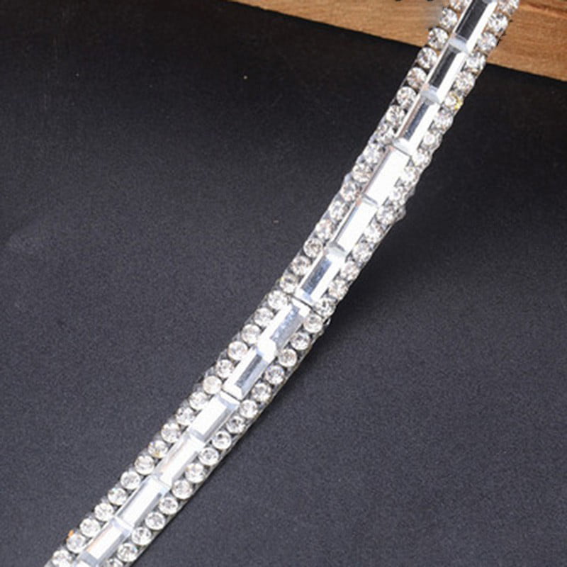 3.3FT Silver Rhinestone Ribbon Beaded Iron On Applique Trim Bridal Embellishment 
