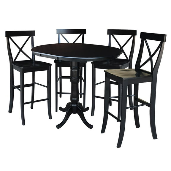 36" Round Bar Height Table with 12" Leaf and 4 X-back Stools - Black - 5 Piece set