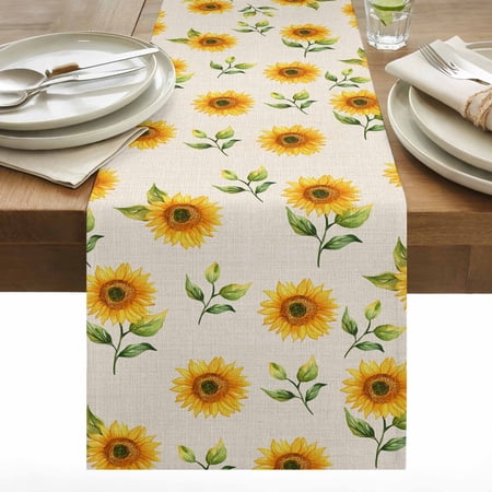 Yellow Sunflower Cotton Linen Table Runner Spring Watercolor Floral Leaf Plant Linen Texture Dining Table Runners for Home Decor Party Dining Room Restaurant Kitchen 13 x 36