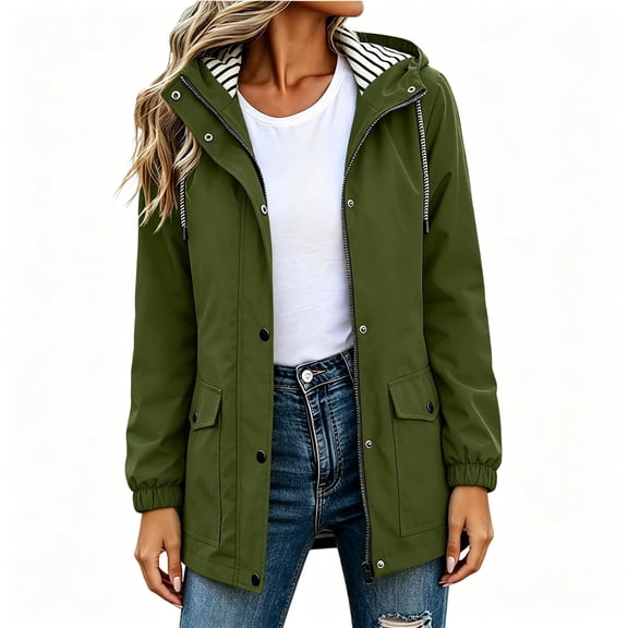 BCSIOAOI Jackets for Women,Striped Lined Hooded Zip Snap Pocket Windproof Outdoor Parka Jacket Army Green L