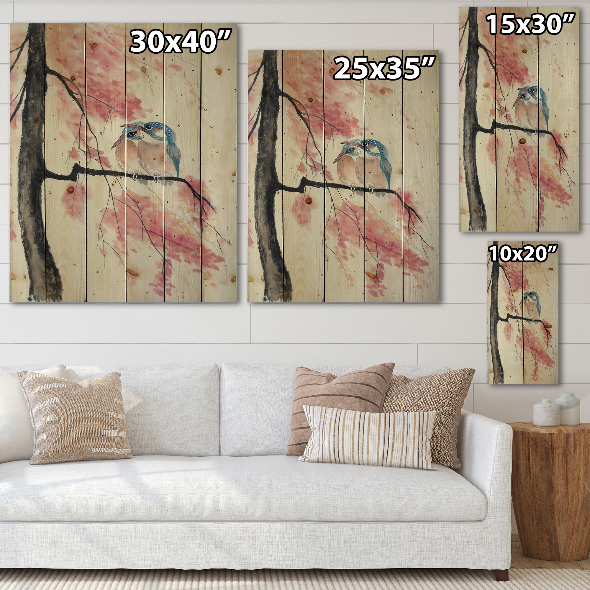 Designart 'Two Blue Kingfisher Birds Sitting On A Flowering Branch' Traditional Print on Natural Pine Wood