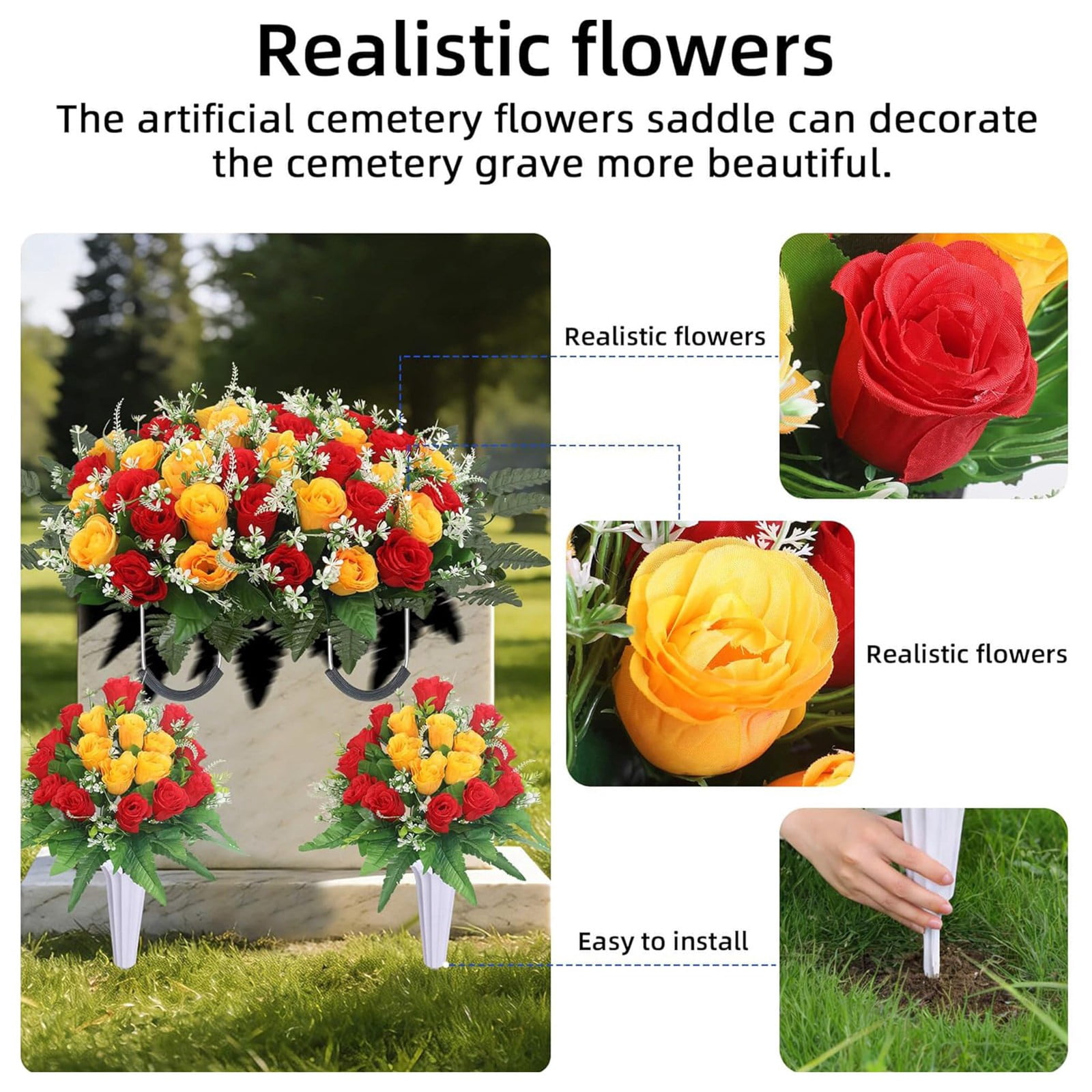 Large Artificial Headstone Flower Saddle for Graves, White Cemetery Memorial Flowers for Outdoor Tombstone Decorations,Peacock Blue 67*34cm