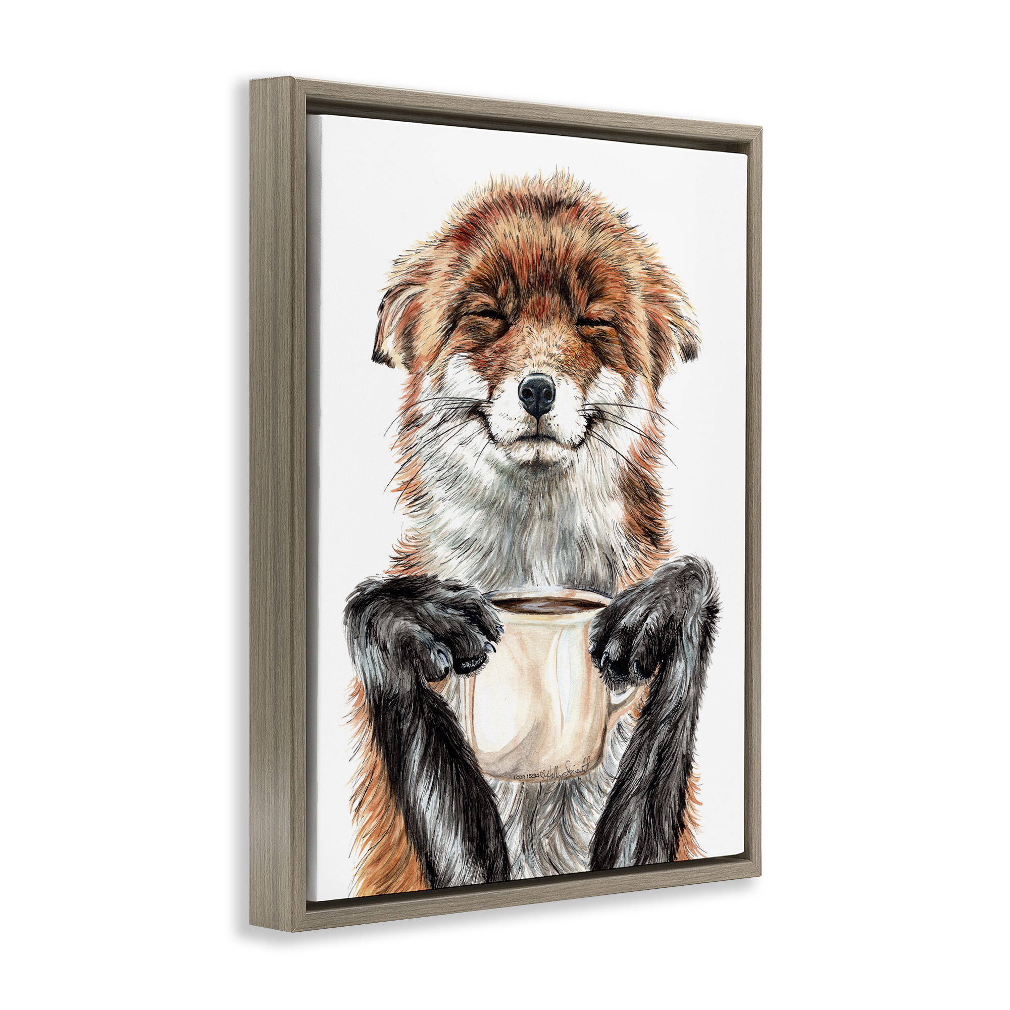 Stupell Industries Happy Fox with Coffee Animals Painting Brown Floater Framed Canvas Art Print Wall Art, 21 x 17