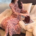 thumbnail image 3 of CNKOO Spring And Autumn Long-Sleeved Gentle Loose Mid-Length Floral Chiffon Ladies Chest Bow Tie Dress, 3 of 9